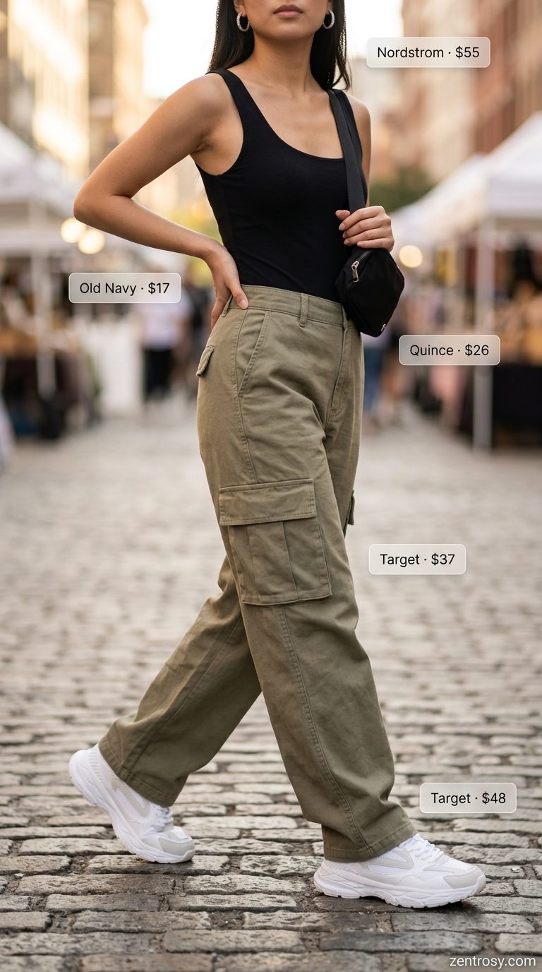 Flattering petite summer outfits 2026: Khaki cargo pants, black bodysuit, and sneakers for athleisure.