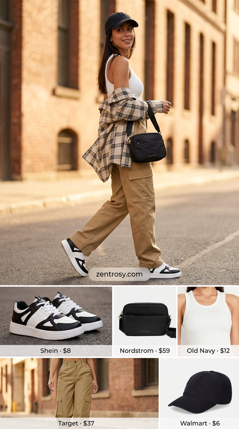 Flattering petite summer outfits 2026: Khaki cargo pants, white tank, baseball cap for casual athleisure.