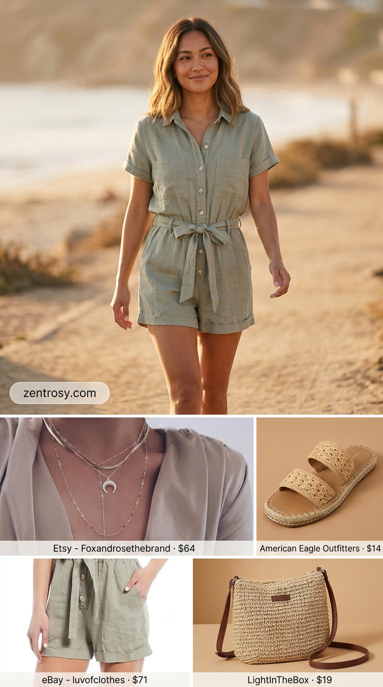 Sage green linen romper for flattering petite summer outfits 2026. Effortless chic for casual days, beach, or parties.