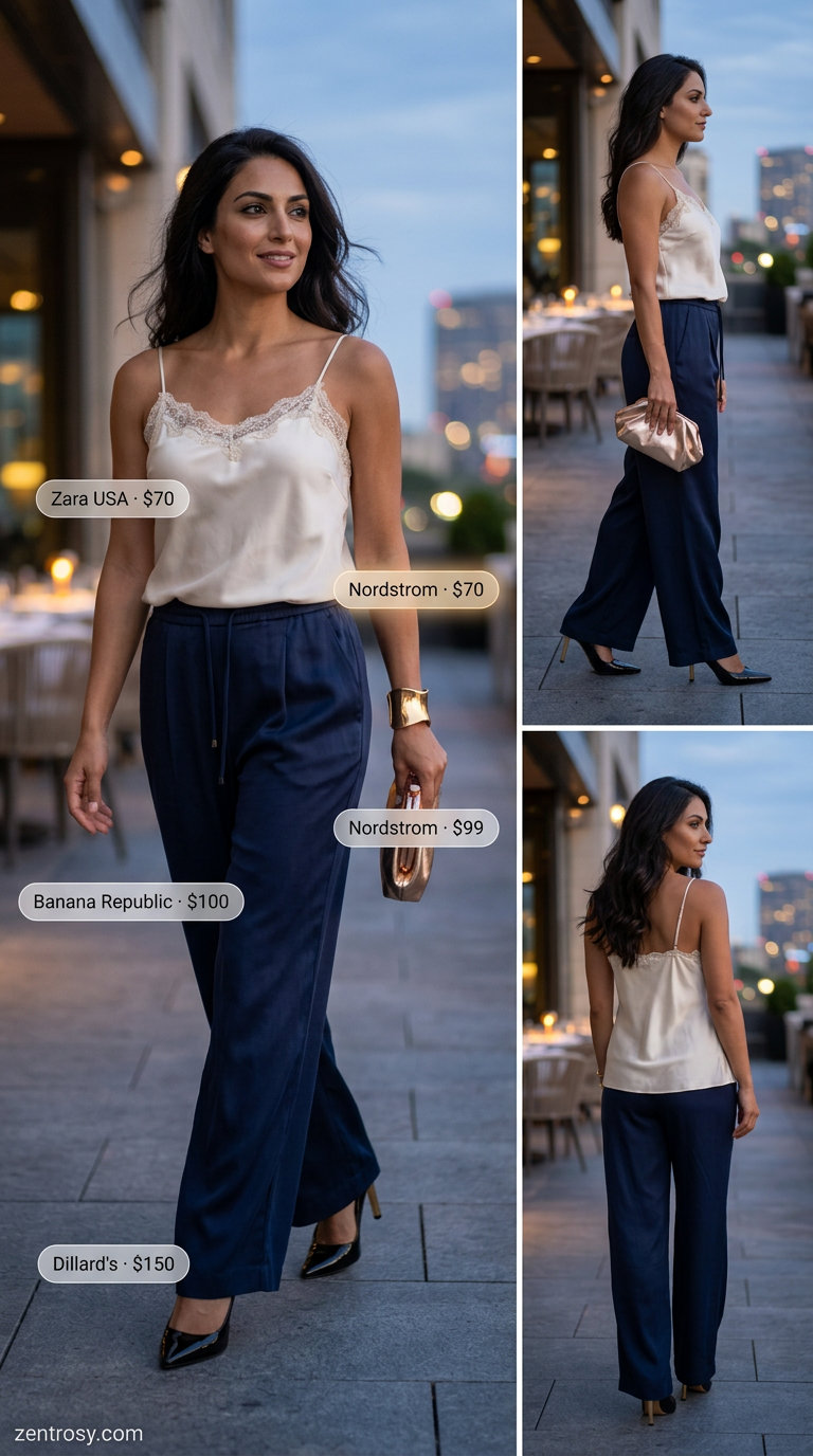 Flattering petite summer outfits 2026: Navy wide-leg pants, white camisole, gold clutch for evening elegance.
