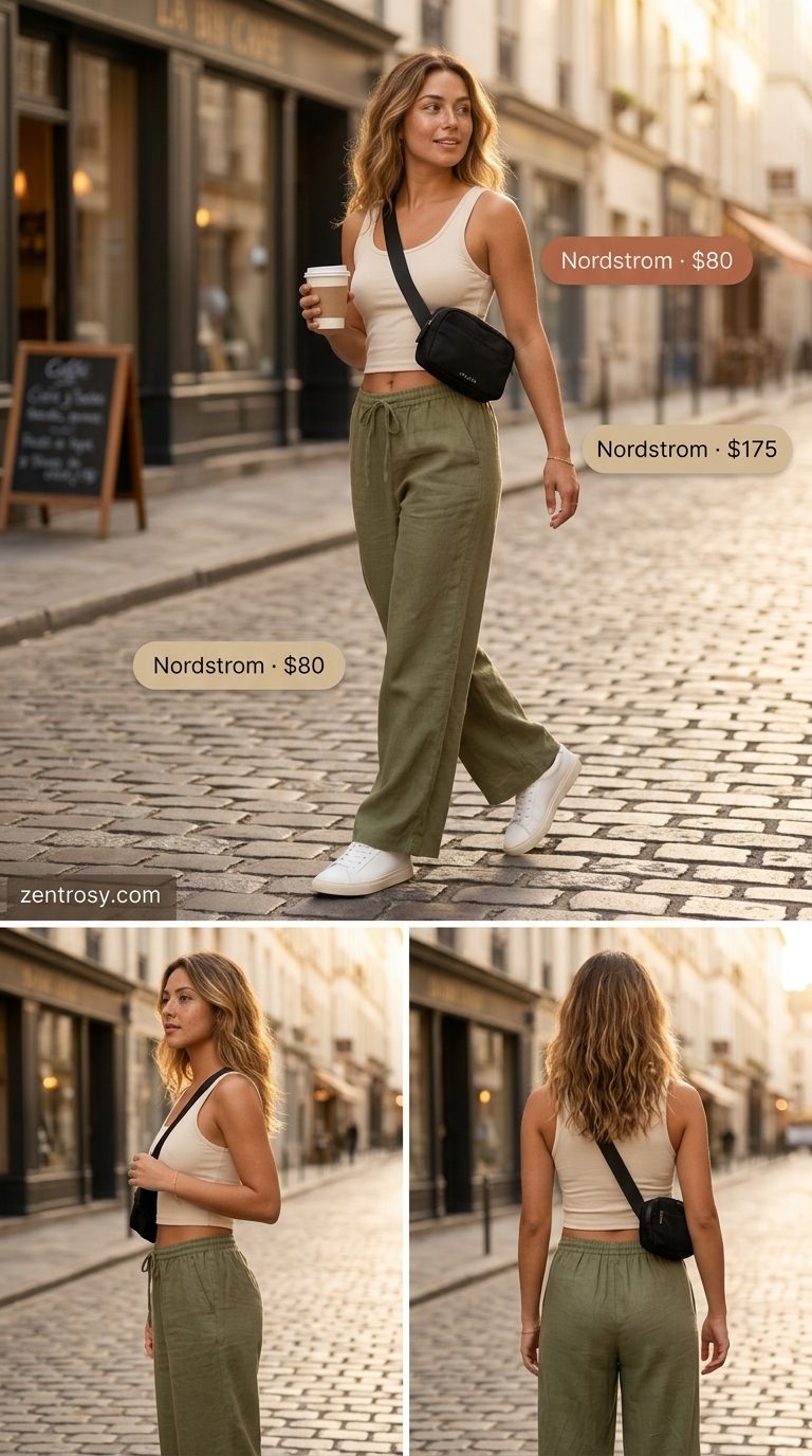 Flattering petite summer outfits 2026: Olive green linen set for weekend getaway. Effortless and chic.