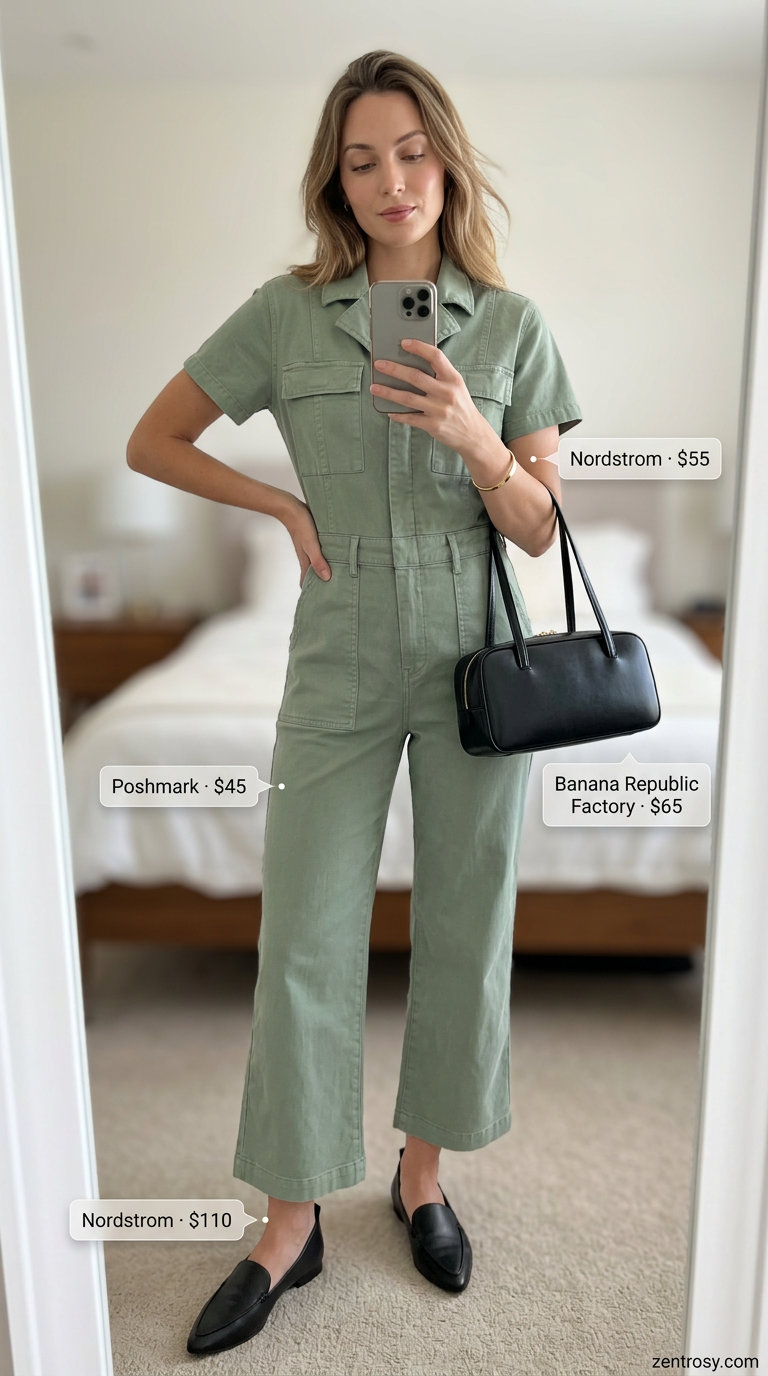 Flattering petite summer outfits 2026: Olive utility jumpsuit, black loafers for modern chic.
