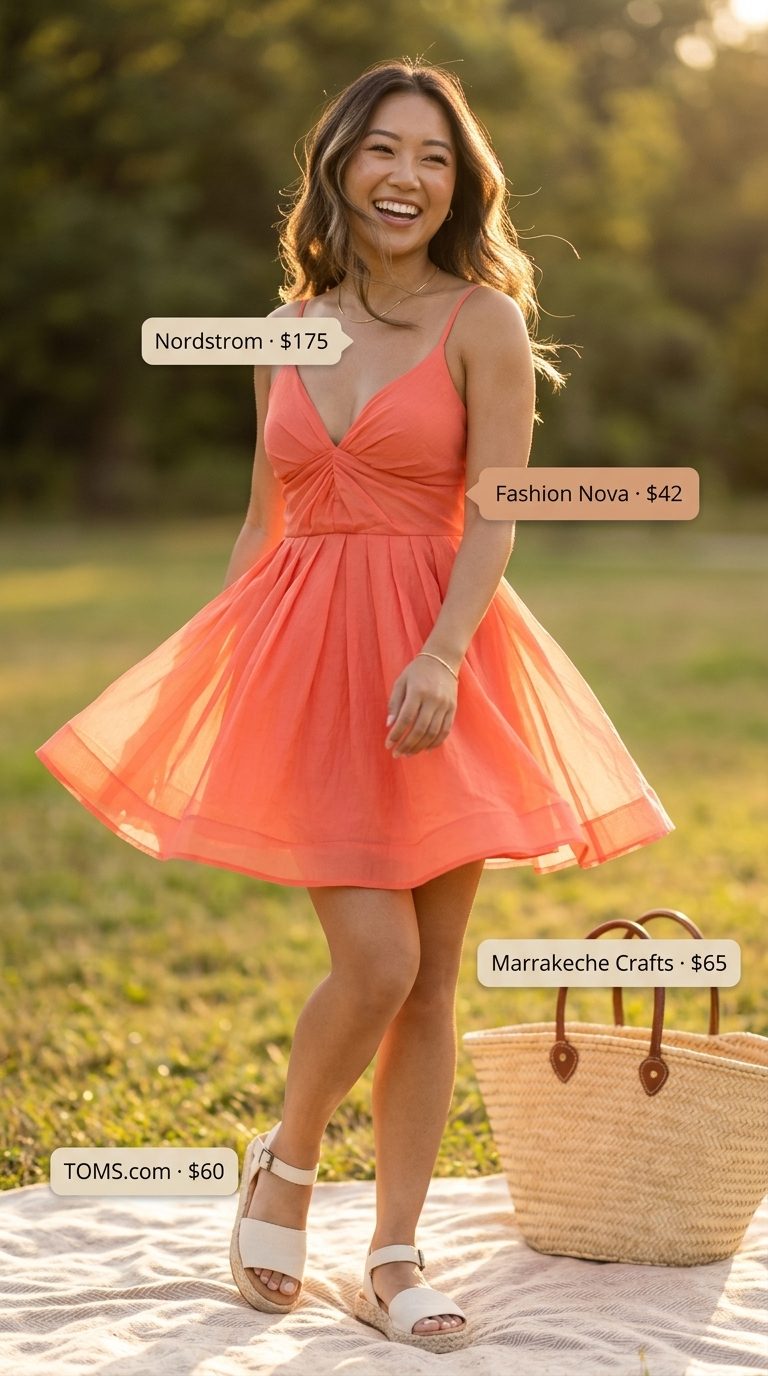 Coral A-line mini dress for flattering petite summer outfits 2026. Playful and feminine for picnics.