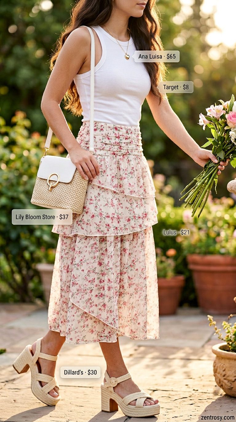 Flattering petite summer outfits 2026: Pink floral skirt, white tank, and sandals for garden party.