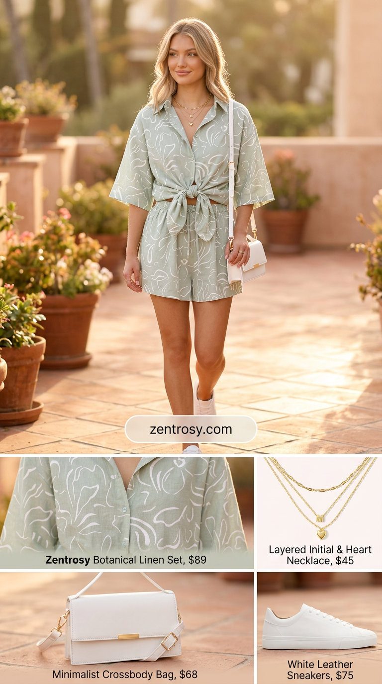 Flattering petite summer outfits 2026: Sage green linen set with tailored shorts for modern chic.