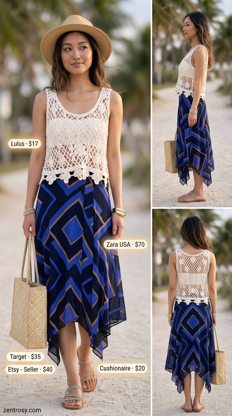 Flattering petite summer outfits 2026: Teal abstract skirt, crochet top for beach day. Boho and vibrant.
