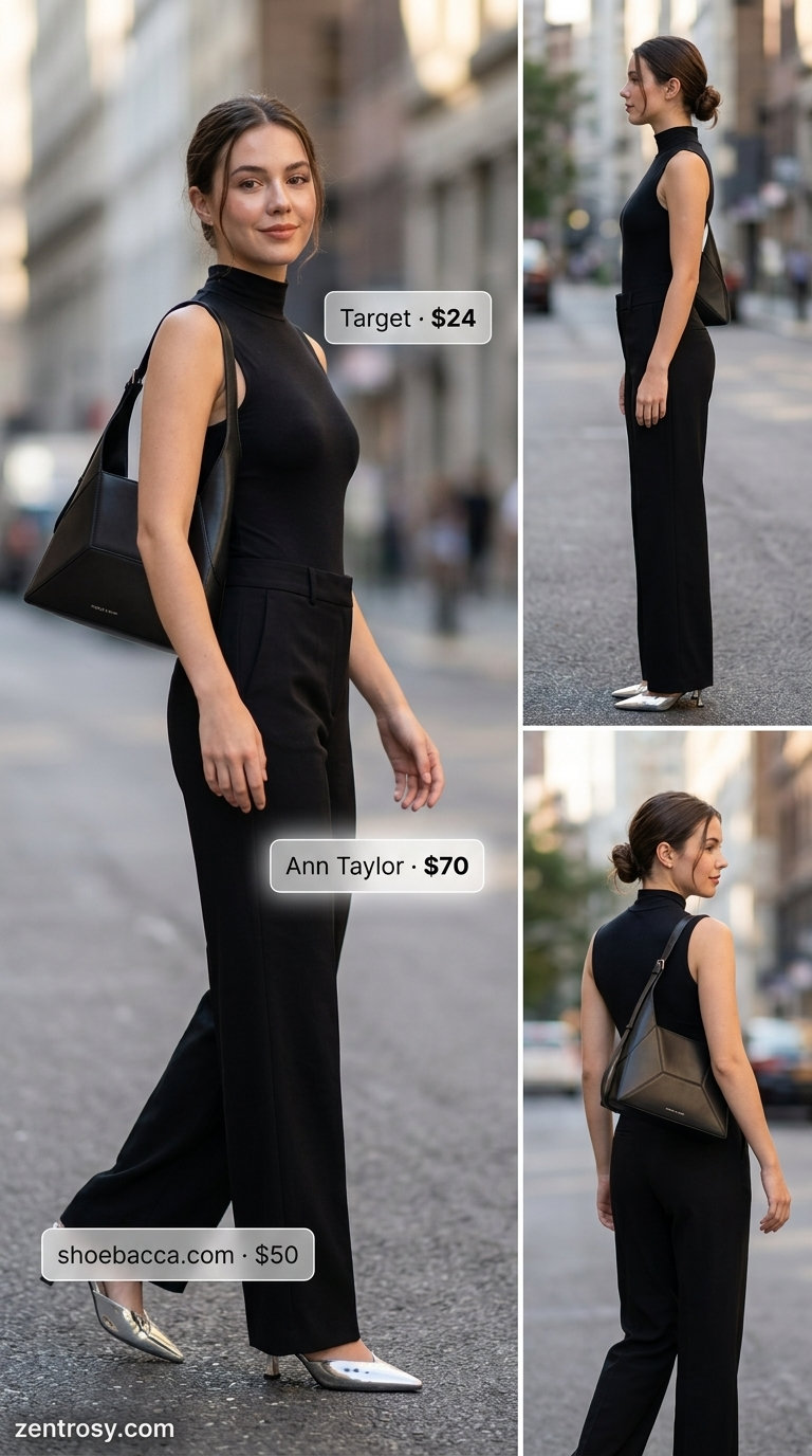 Black wide-leg trousers for flattering petite summer outfits 2026. Modern, sophisticated work or dinner style.