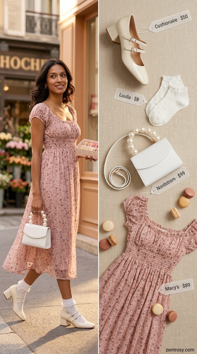 Floral Summer Dresses 2026: Afternoon Tea Style Dusty rose floral summer dress 2026 for afternoon tea, paired with Mary Janes and pearl accessories.