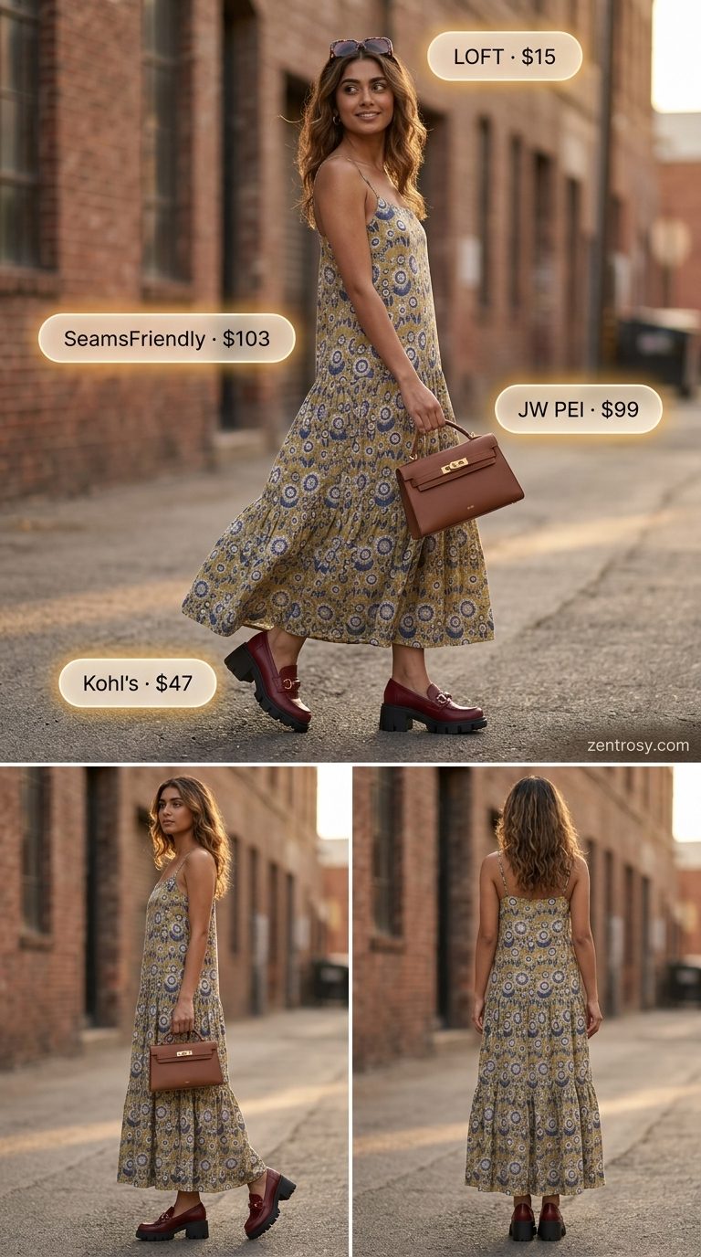 Artistic Cafe Floral Summer Dresses 2026 Artistic mustard yellow floral maxi dress for a cafe visit, with platform loafers, structured bag, and sunglasses. Floral summer dresses 2026.