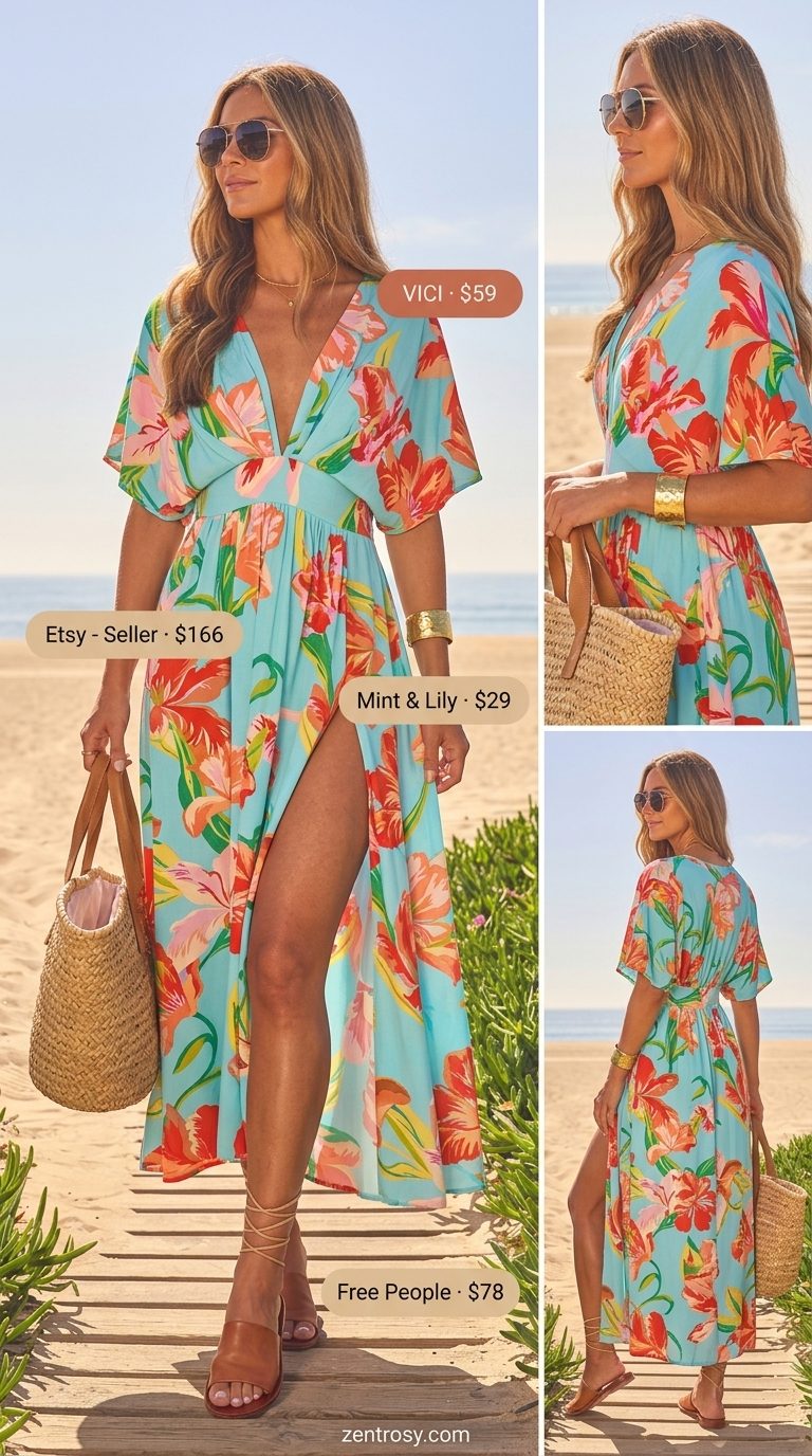 Bohemian Resort Floral Summer Dresses 2026 Bohemian coral floral caftan dress for resort wear, with straw hat, raffia tote, and leather slides. Floral summer dresses 2026.