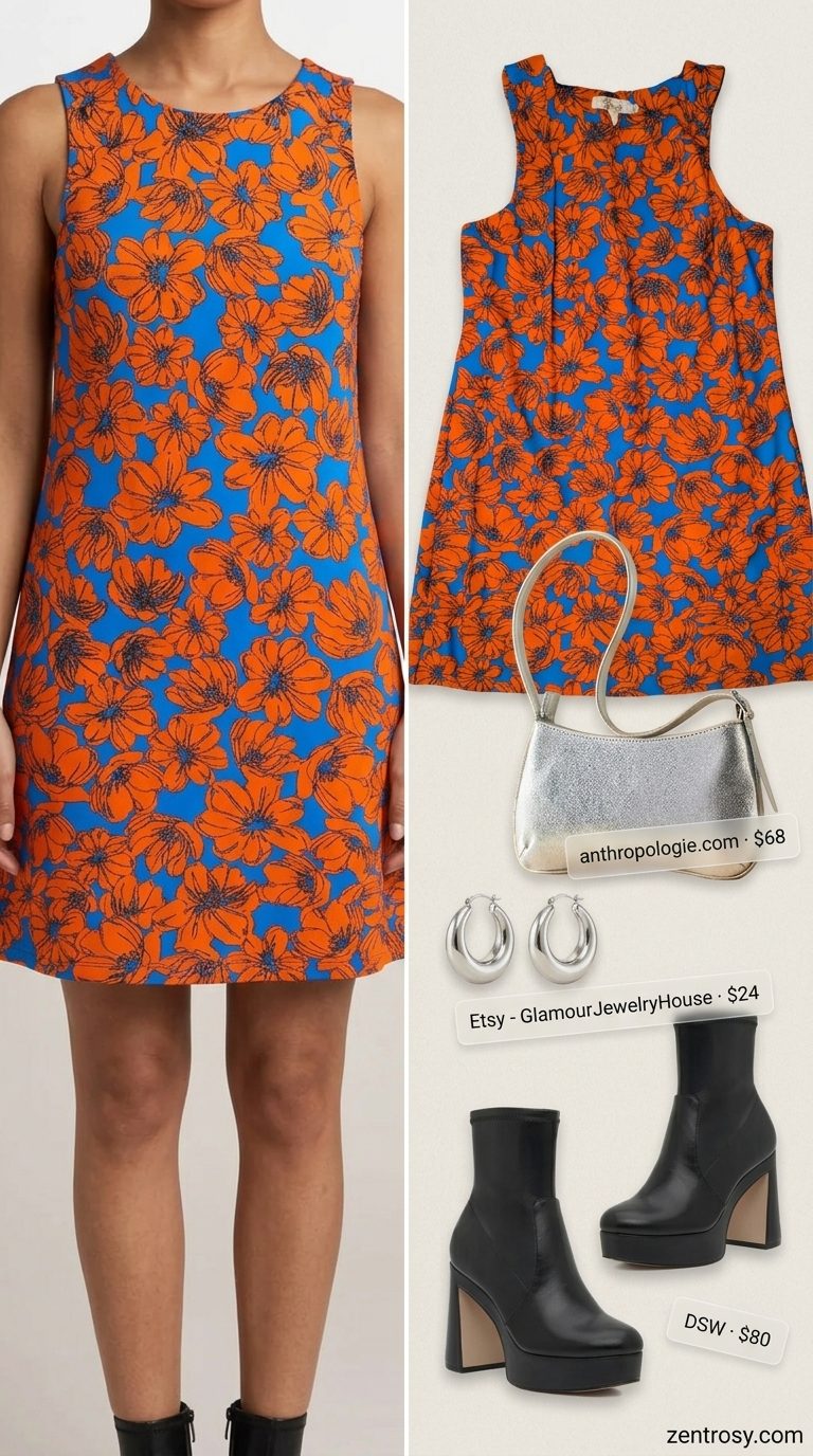 Floral Summer Dresses 2026: Bold Statement Electric blue floral summer dress 2026 for a bold statement, paired with platform boots and silver bag.