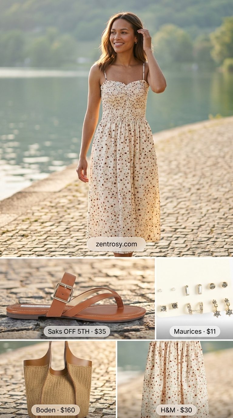 Lakeside Getaway Floral Summer Dresses 2026 Fresh white multi-color floral midi sundress for a lakeside getaway, with leather slides, straw tote, and gold earrings. Floral summer dresses 2026.