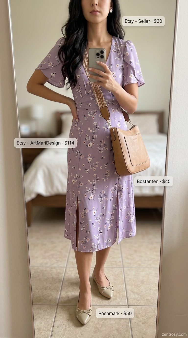 Floral Summer Dresses 2026: Brunch Chic Lavender floral summer dress 2026 for brunch, with wrap style and ballet flats.