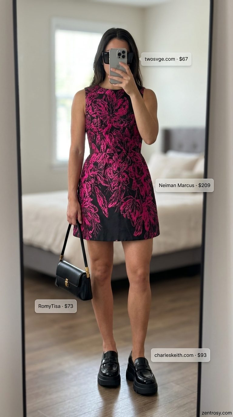 Floral Summer Dresses 2026: City Summer Style Fuchsia floral summer dress 2026 for city chic, styled with A-line mini and platform loafers.