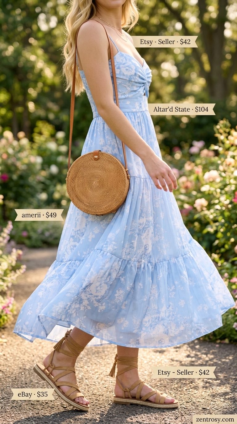 Elegant Brunch Floral Summer Dresses 2026 Elegant sky blue floral maxi dress for brunch, paired with espadrilles, straw bag, and gold necklaces. Floral summer dresses 2026.