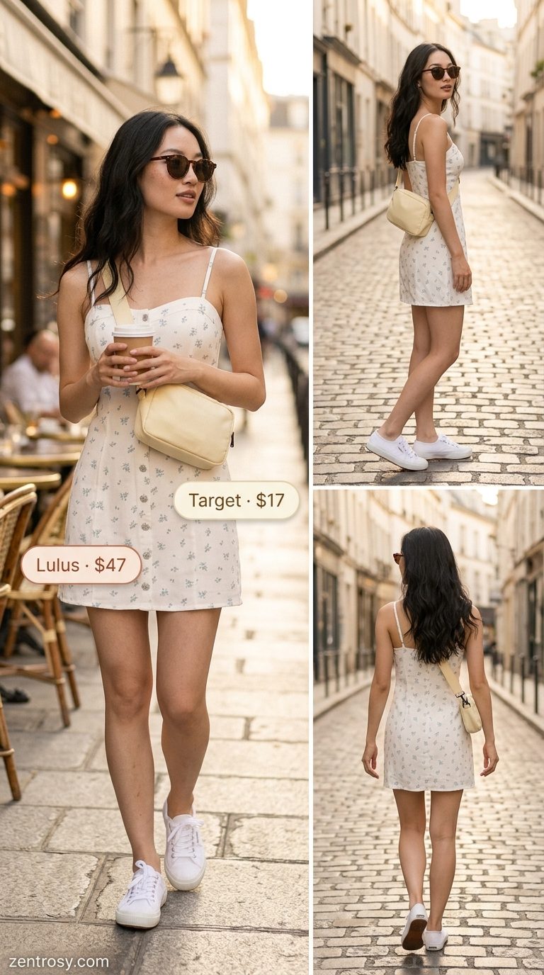 Playful Floral Summer Dresses 2026: Weekend Casual Cream yellow floral cotton mini shirtdress for weekend wear, with canvas bag and white sneakers. Floral summer dresses 2026.