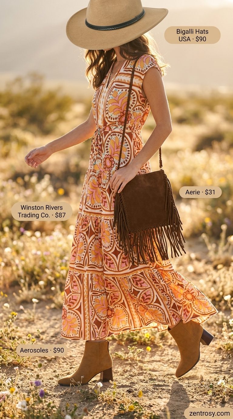Boho Festival Floral Summer Dresses 2026 Boho festival outfit featuring a rust orange floral maxi dress, suede boots, fringe bag, and wide-brim hat. Floral summer dresses 2026.