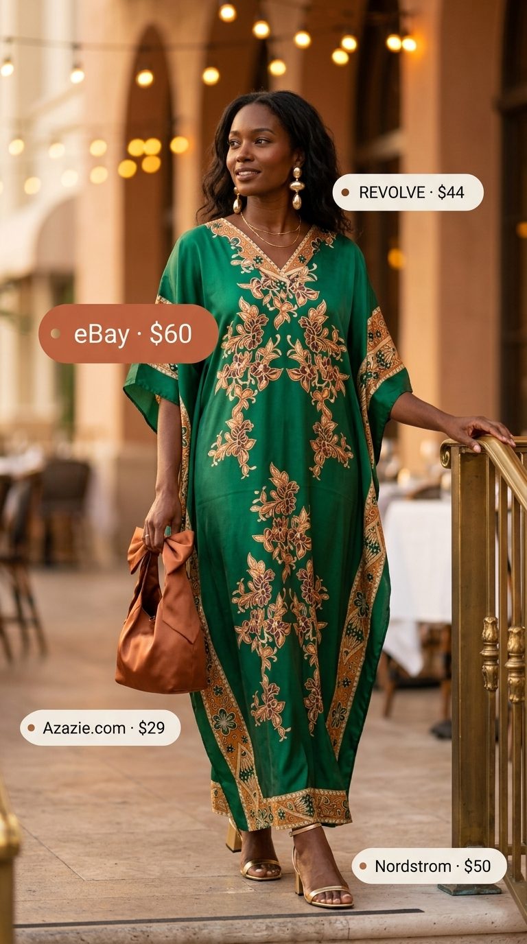 Glamorous Floral Summer Dresses 2026: Resort Evening Emerald green floral silk blend caftan dress for resort evenings, with gold clutch and bronze sandals. Floral summer dresses 2026.