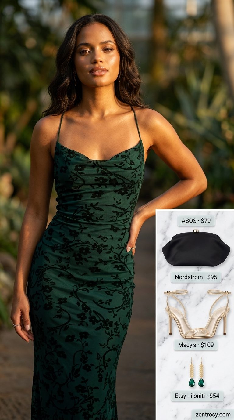 Floral Summer Dresses 2026: Evening Glam Emerald green floral summer dress 2026 for evening events, with satin slip style and gold accessories.