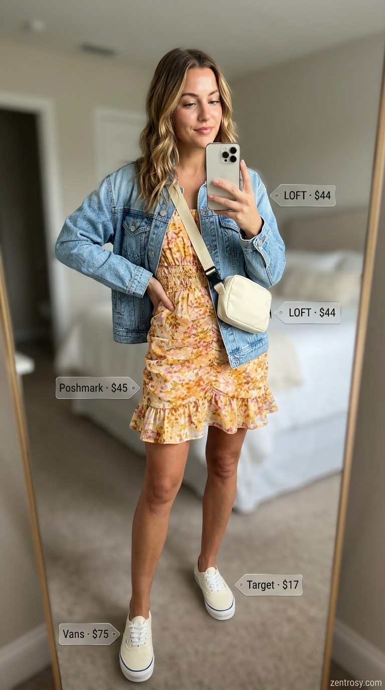 Floral Summer Dresses 2026: Festival Fun Peach floral summer dress 2026 for festivals, styled with denim jacket and canvas sneakers.