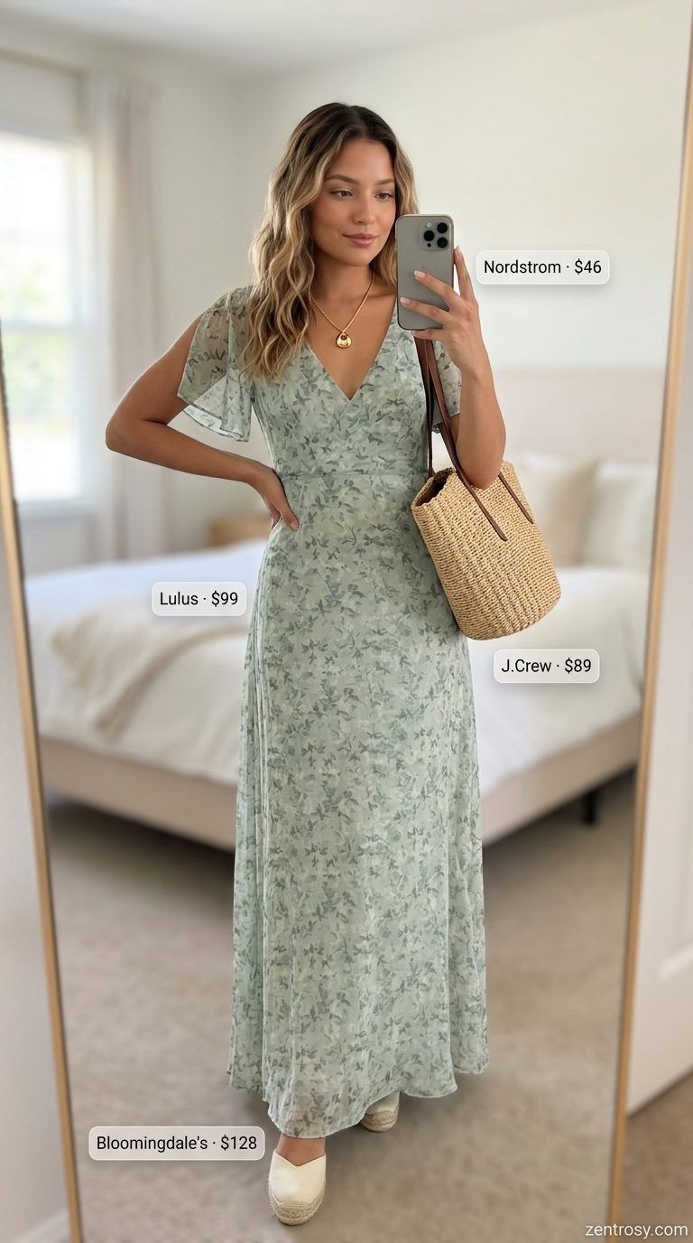 Floral Summer Dresses 2026: Lakeside Elegance Sky blue floral summer dress 2026 for elegant events, with tiered maxi style and espadrilles.