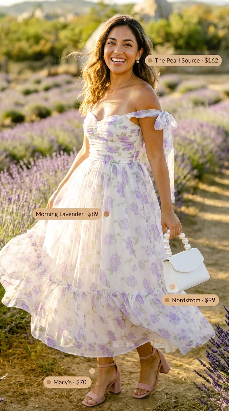 Charming Floral Summer Dresses 2026: Garden Party Lavender floral cotton midi dress for garden parties, with blush pink sandals and pearl earrings. Floral summer dresses 2026.
