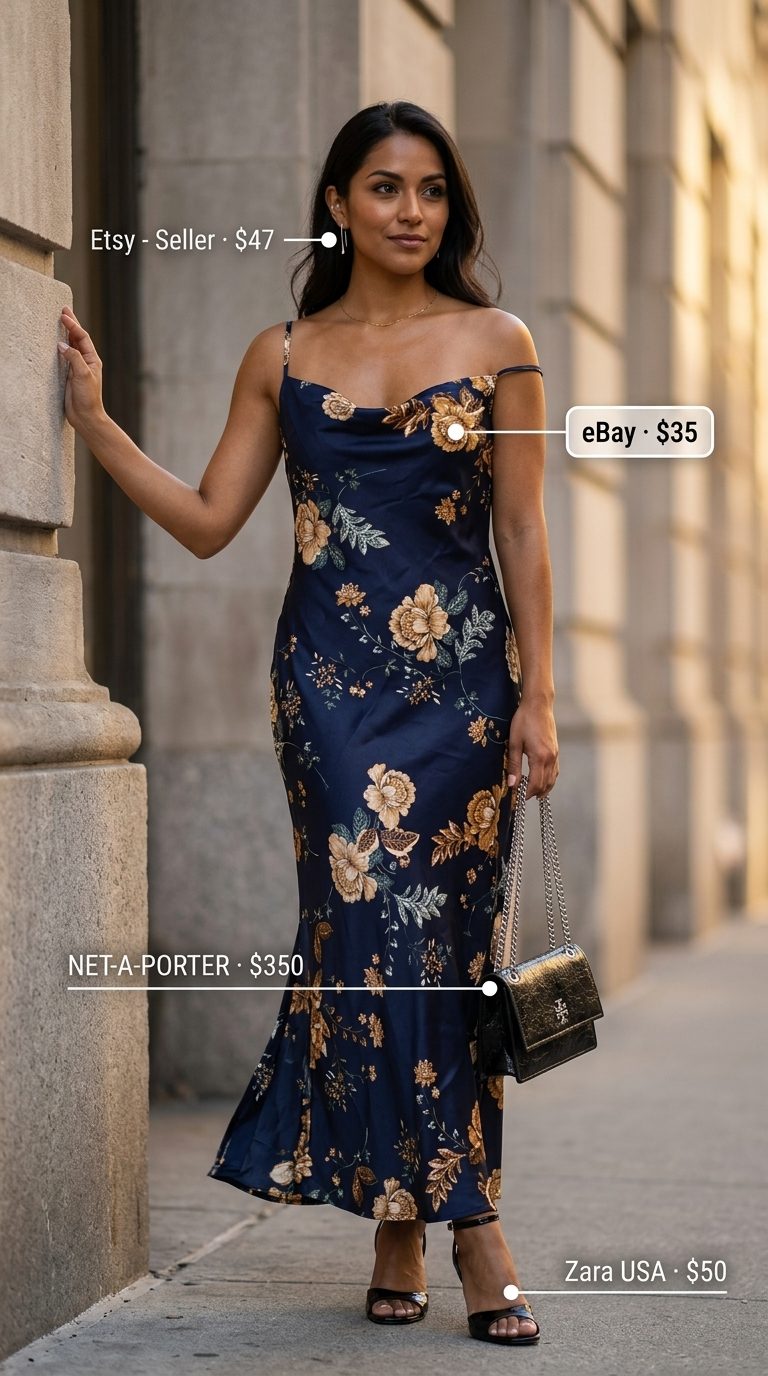 Elegant Floral Summer Dresses 2026: Date Night Style Navy fuchsia floral silk midi dress for date night, styled with black leather bag and silver sandals. Floral summer dresses 2026.