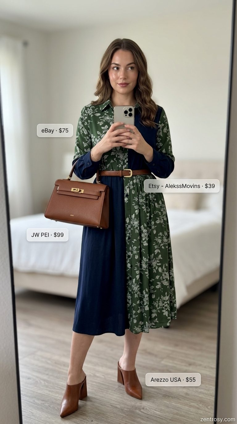 Classic Floral Summer Dresses 2026: Park Picnic Style Navy olive floral tencel midi shirt dress for park picnics, with brown belt and satchel. Floral summer dresses 2026.