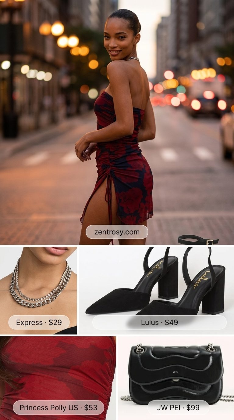 Edgy Floral Summer Dresses 2026: Sultry Night Out Navy red floral jersey bodycon mini dress for date night, with silver necklaces and black heels. Floral summer dresses 2026.