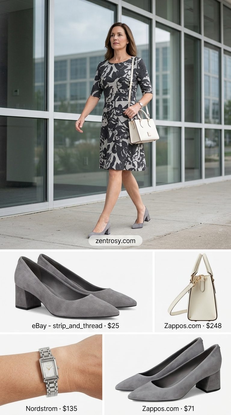 Polished Office Floral Summer Dresses 2026 Professional charcoal grey floral sheath dress for office wear, with grey pumps, silver watch, and tote. Floral summer dresses 2026.