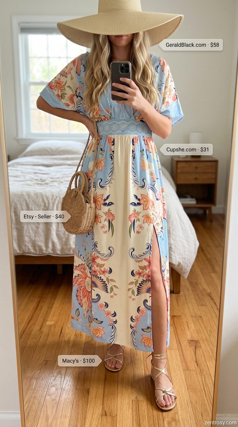 Floral Summer Dresses 2026: Resort Luxe Teal floral summer dress 2026 for resort wear, featuring a flowy maxi style and straw accessories.