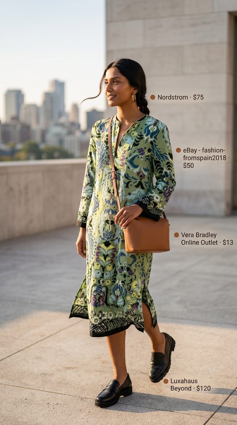 Floral Summer Dresses 2026: Urban Chic Khaki floral summer dress 2026 for city exploration, styled as a shirt dress with loafers.