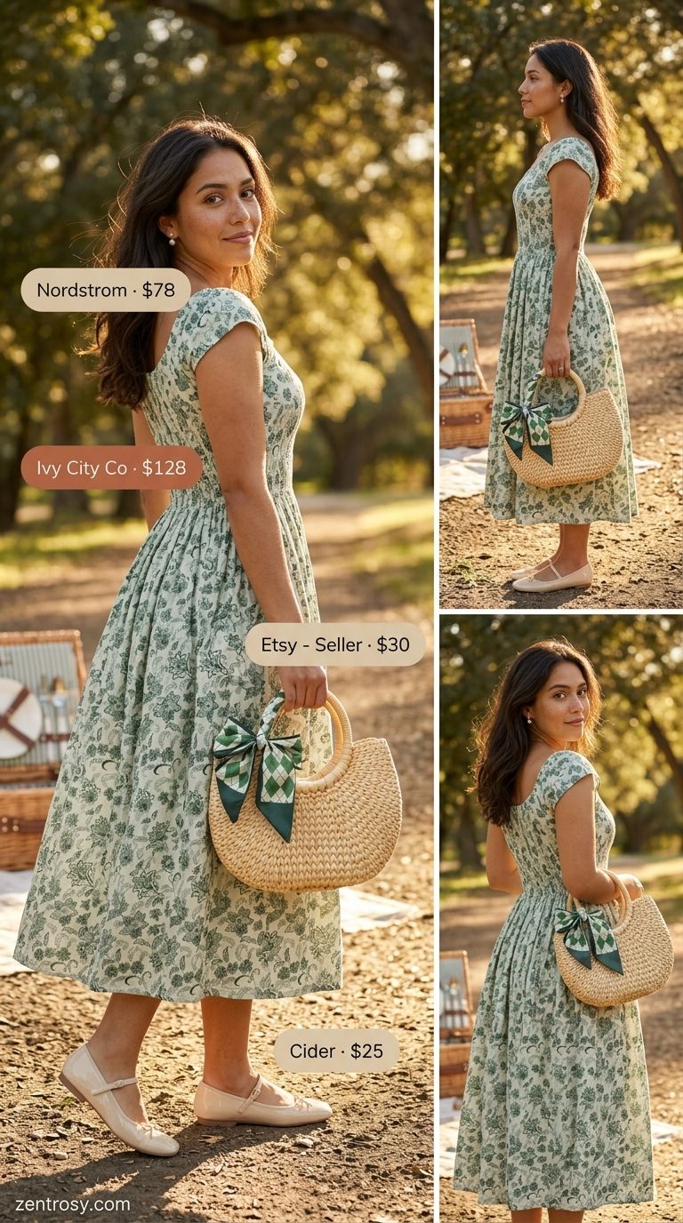Vintage Picnic Floral Summer Dresses 2026 Sweet sage green floral midi dress for a picnic, with ballet flats, wicker bag, and pearl earrings. Floral summer dresses 2026.