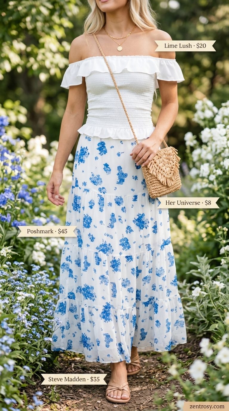 Floral summer skirt outfits for women 2026: Blue floral maxi skirt, off-shoulder top, sandals for brunch.