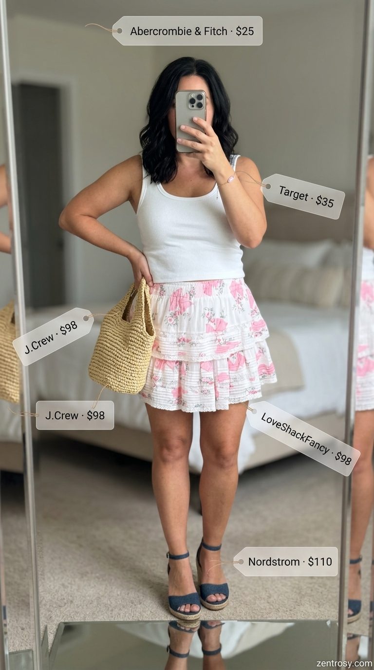 Floral summer skirt outfits for women 2026: White tank, pink floral mini skirt, espadrilles for brunch.