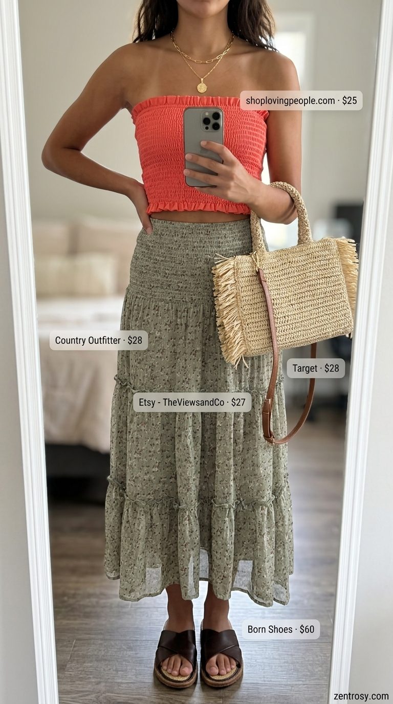Floral summer skirt outfits for women 2026: Olive floral maxi skirt, bandeau top, slides for festival.
