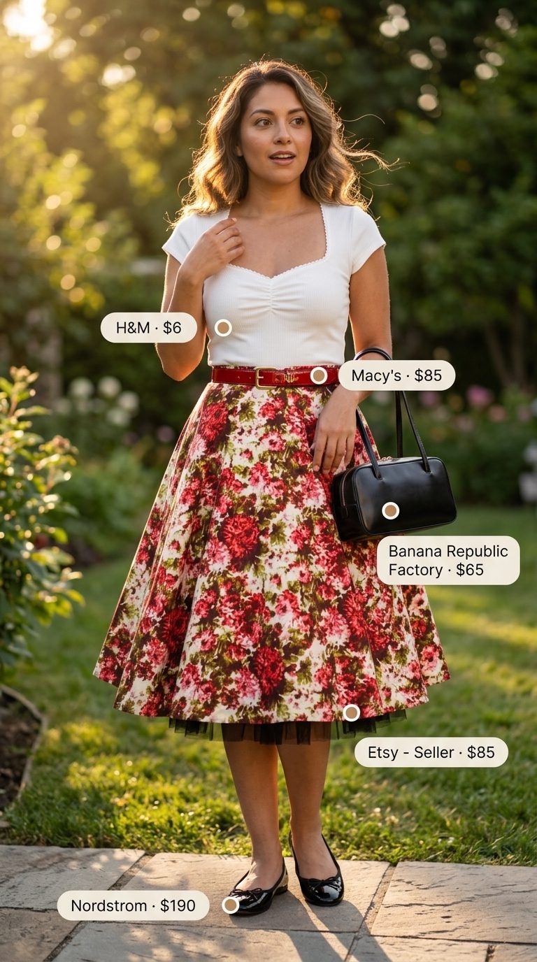 Floral summer skirt outfits for women 2026: Red floral midi skirt, knit top, ballet flats for garden party.