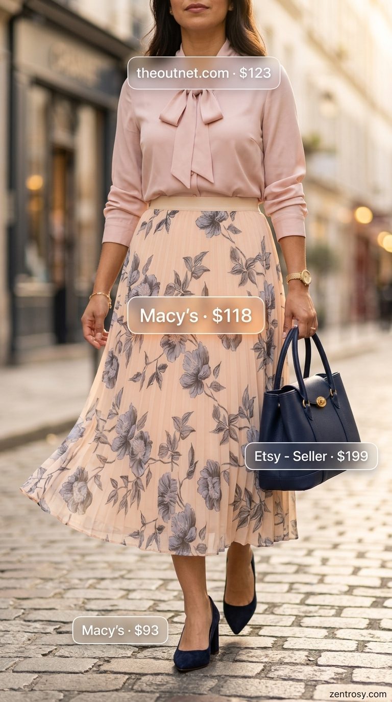Floral summer skirt outfits for women 2026: Navy floral midi skirt, silk blouse, block heels for office.