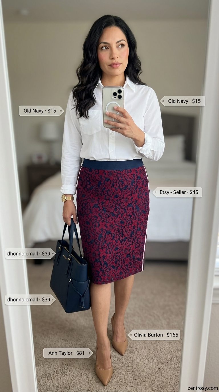 Floral summer skirt outfits for women 2026: Navy floral pencil skirt, white button-down for office.
