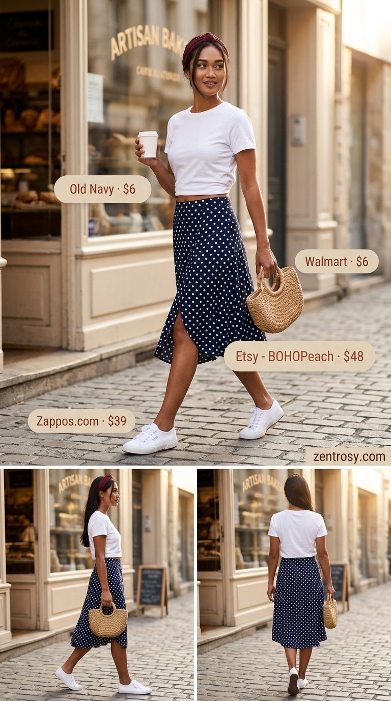 Floral summer skirt outfits for women 2026: Navy floral pleated mini skirt, white tee, sneakers for picnic.