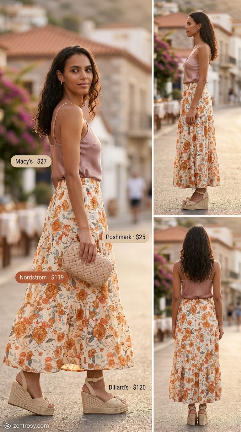 Floral summer skirt outfits for women 2026: Cream floral maxi skirt, satin cami, espadrilles for vacation.