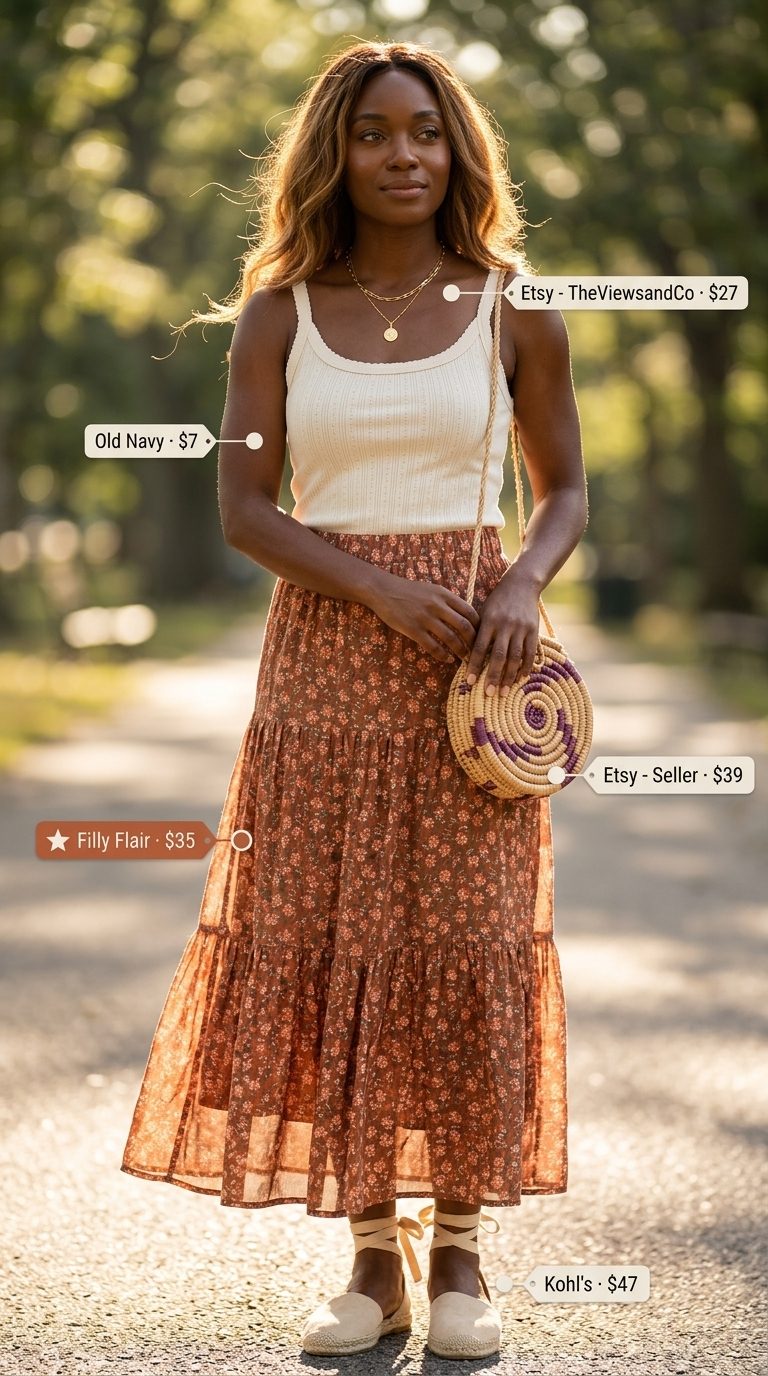 Bohemian floral summer skirt outfits for women 2026: terracotta maxi skirt, cream camisole, and espadrilles for festivals.