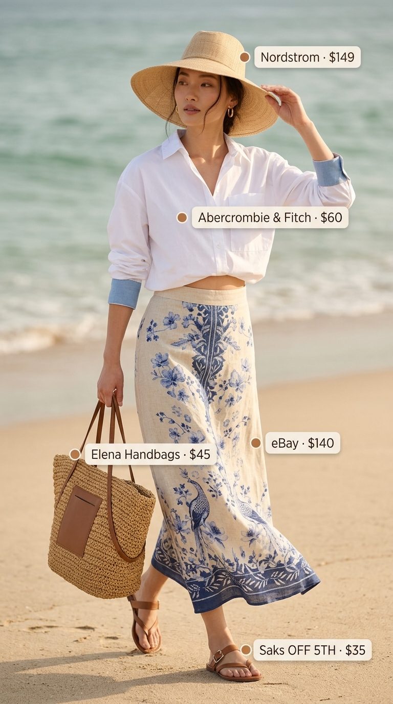 Relaxed floral summer skirt outfits for women 2026: sand beige maxi skirt, white oversized shirt for coastal vibes.