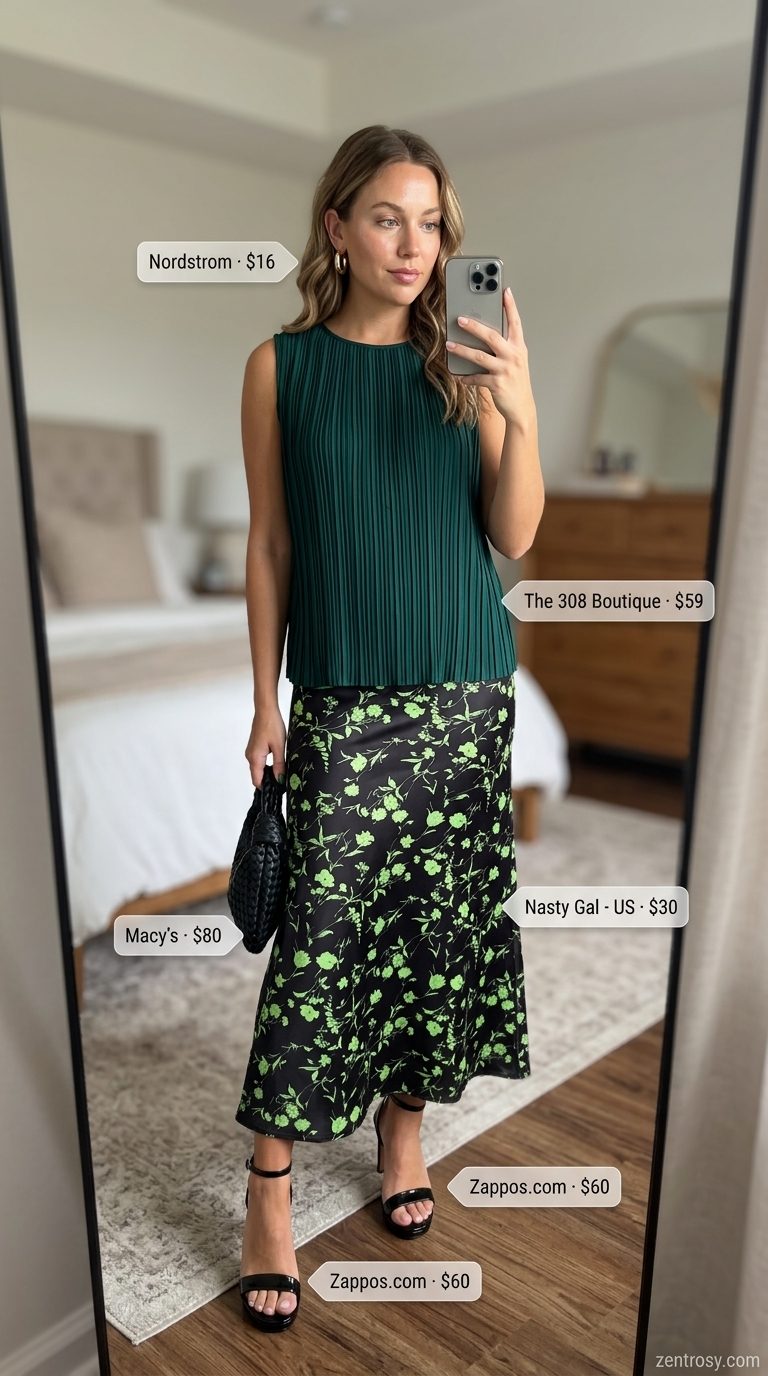 Sophisticated black floral midi skirt outfit for women 2026, perfect for cocktail parties and summer evenings.