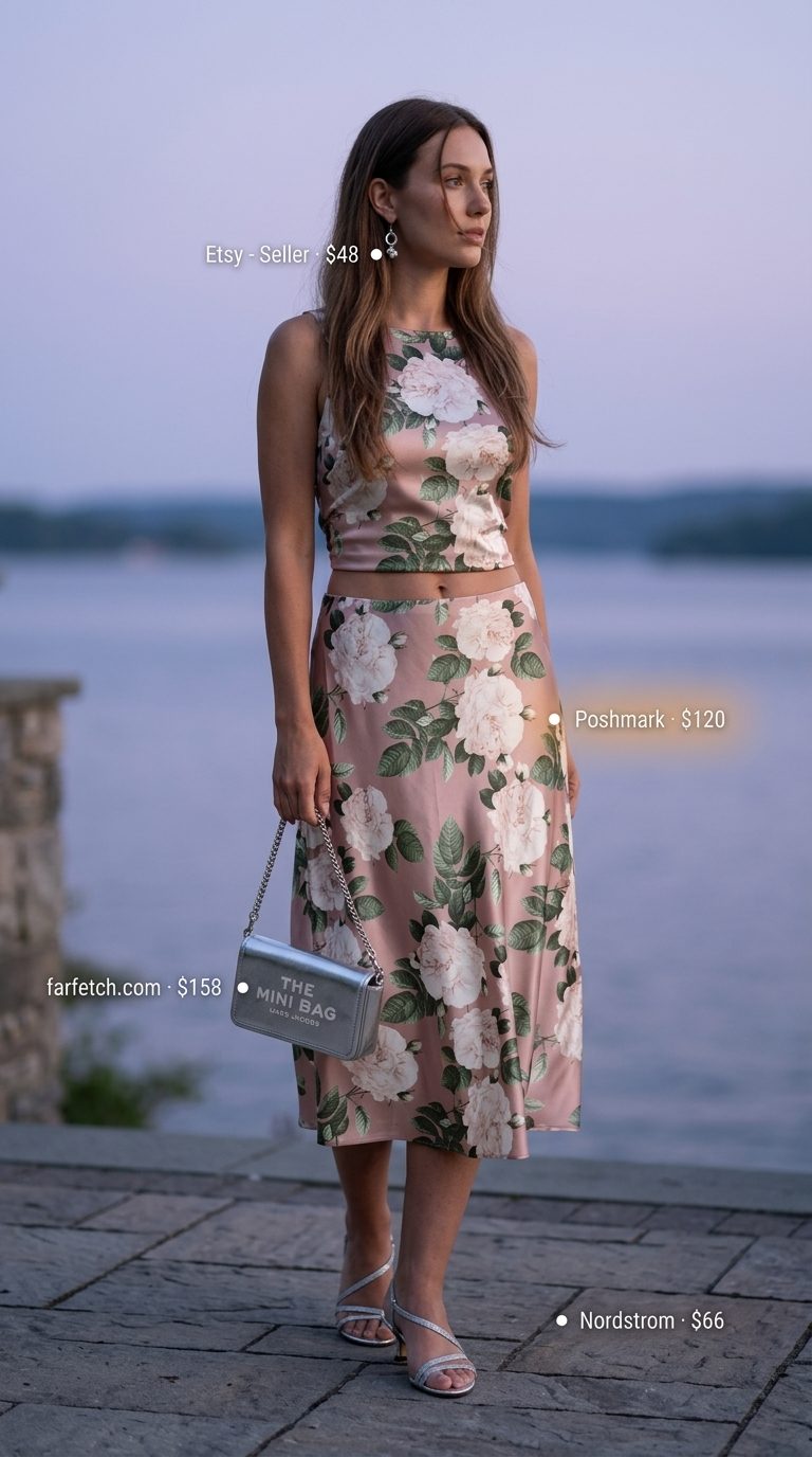 Romantic floral summer skirt outfits for women 2026: lavender midi skirt, ivory camisole, and silver sandals for date night.