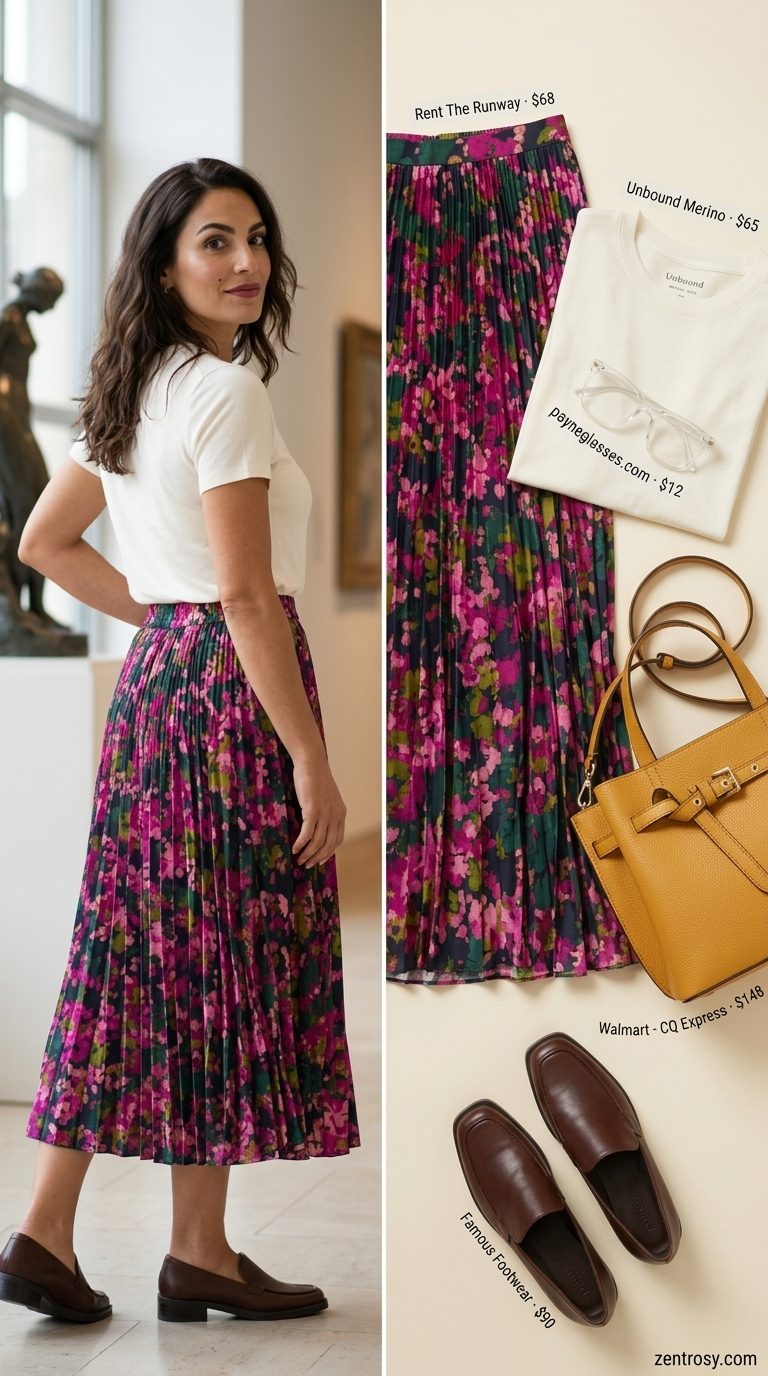 Artsy deep plum floral midi skirt outfit for women 2026, ideal for gallery openings and creative events.