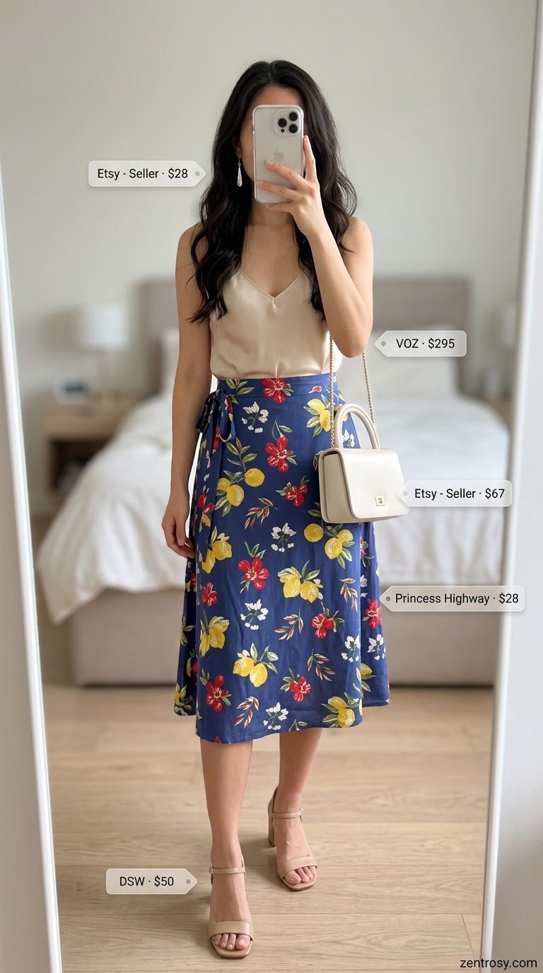Elegant floral summer skirt outfits for women 2026: soft blue midi skirt, cream camisole, and nude sandals for garden parties.