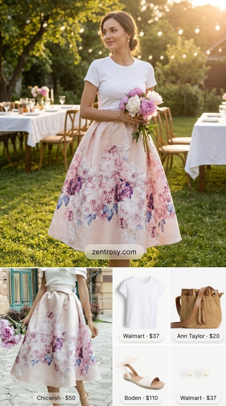 Feminine blush pink floral midi skirt outfit for women 2026, perfect for garden parties and afternoon tea.
