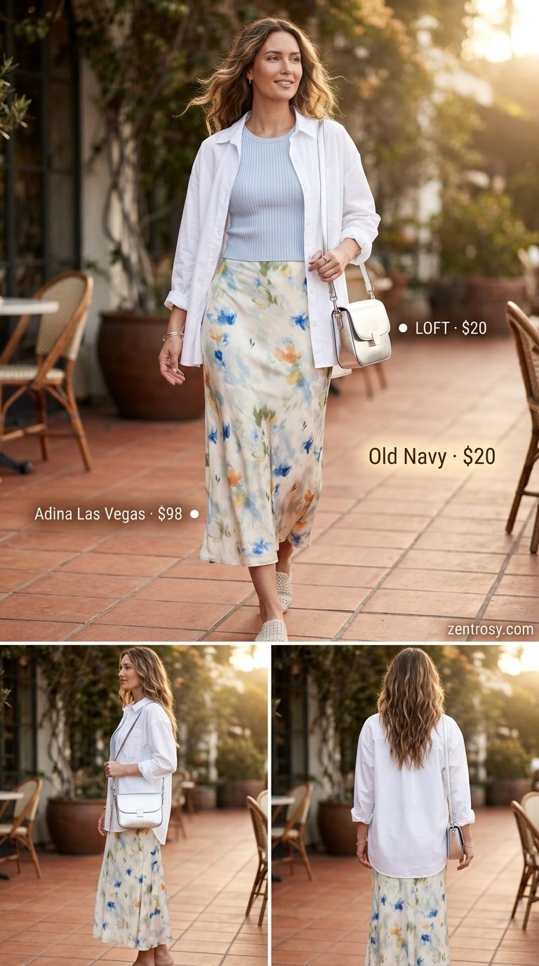 Polished pale blue floral midi skirt outfit for women 2026, perfect for lunch meetings and daytime events.