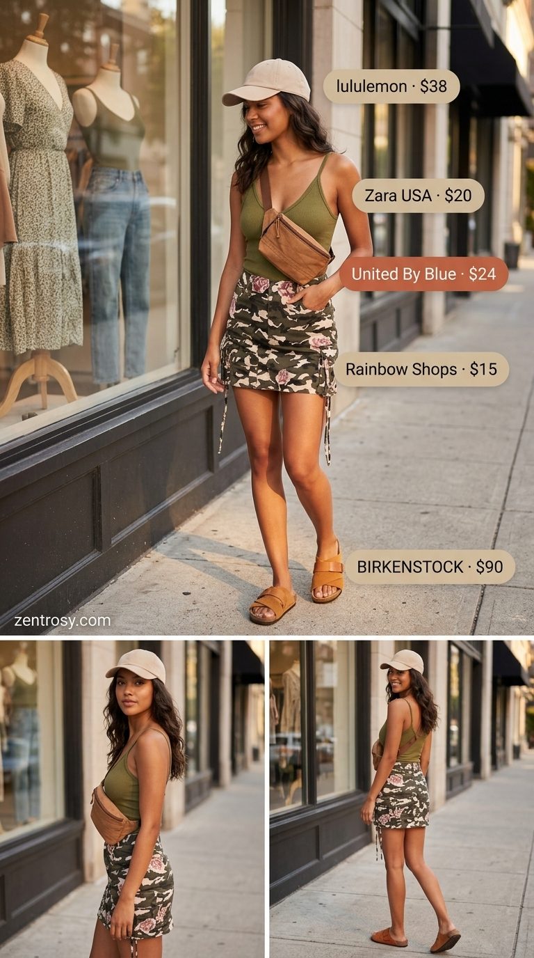 Casual khaki floral mini skirt outfit for women 2026, perfect for outdoor gatherings and road trips.